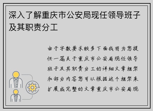 深入了解重庆市公安局现任领导班子及其职责分工